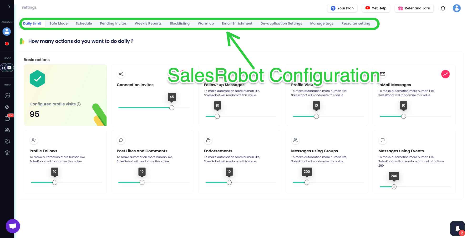 SalesRobot Configuration dashboard displaying various automation options and settings.
