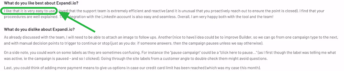 Customer review highlighting the ease of use of Expandi.io.