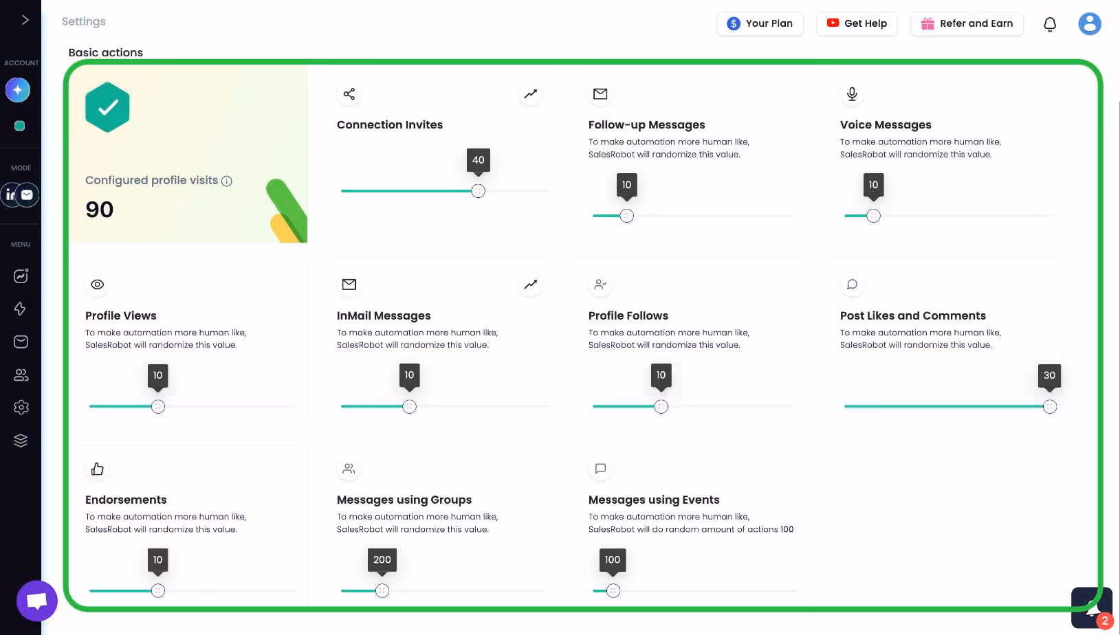Sales automation dashboard showing various metrics.