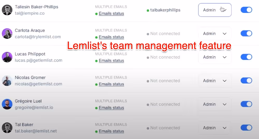 Lemlist's team management feature interface.
