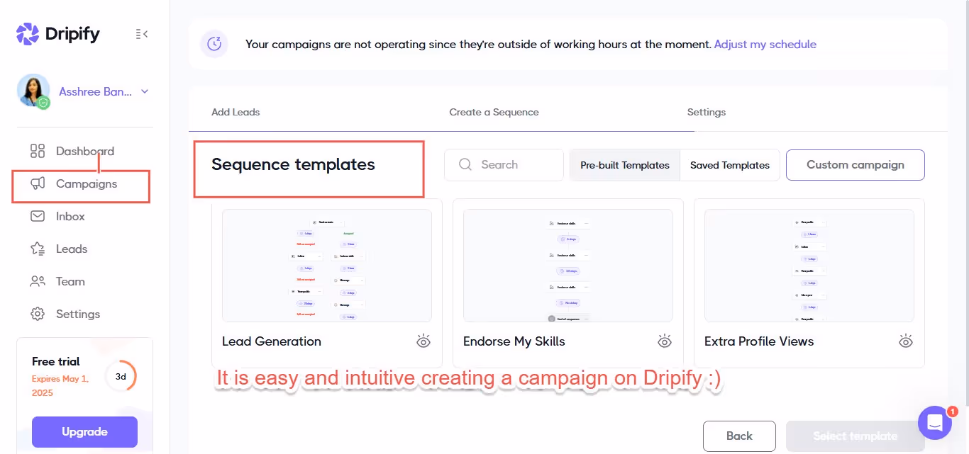 Intuitive interface of Dripify