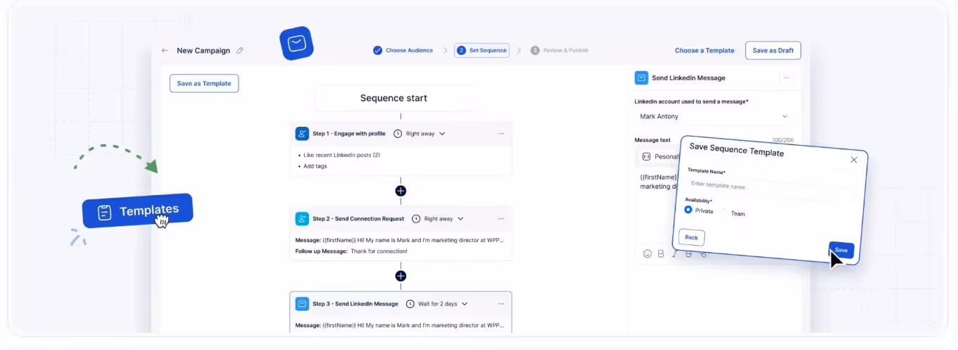 Screenshot of the sequence creation page in a marketing automation tool.