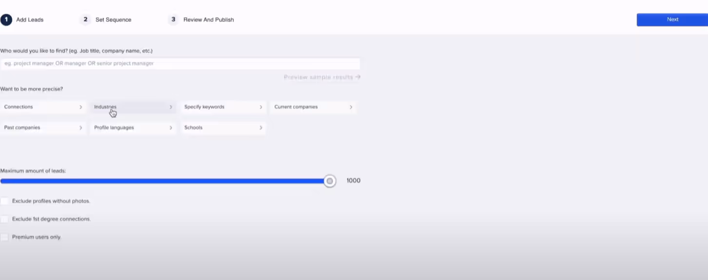 Screenshot of the lead filtering page in a marketing automation tool.