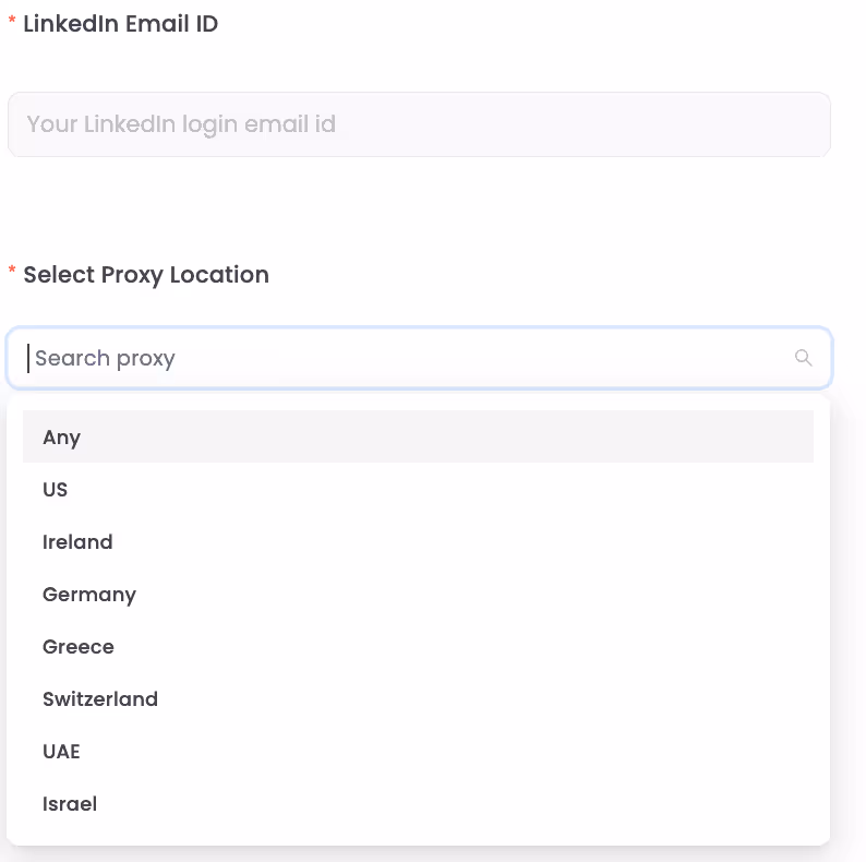 LinkedIn Email ID and Proxy Location settings.