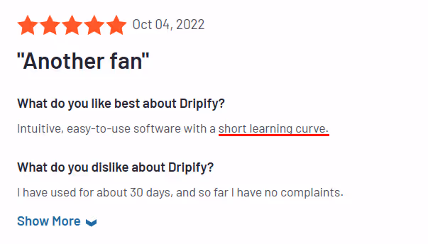 A user review of Driplfy noting the intuitive, easy-to-use software with a short learning curve.