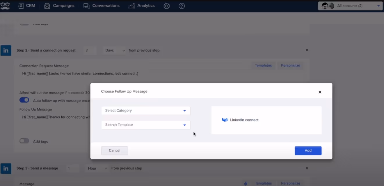 Screenshot of the follow up message setup page in a marketing automation tool.