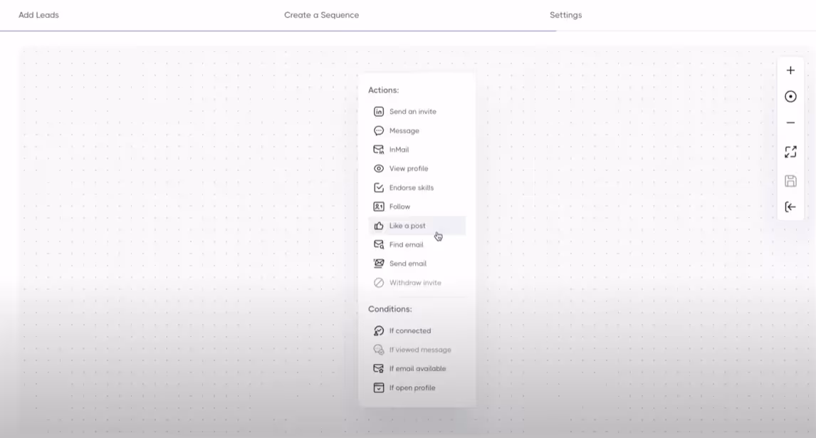 Options to add actions and conditions to a sequence, such as sending invites, liking posts, and checking for connections.