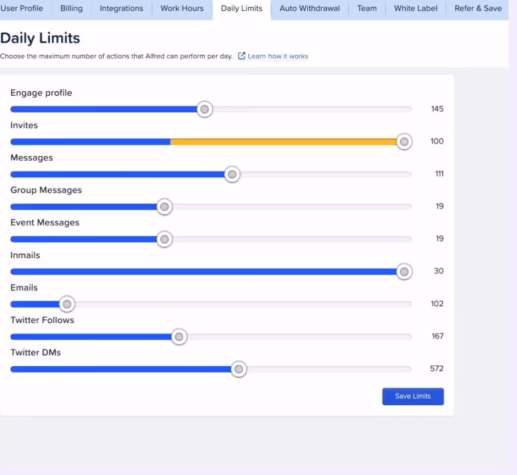 Screenshot of Daily Limits settings.