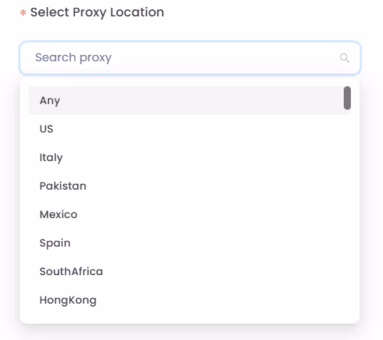 Screenshot of proxy location selector.