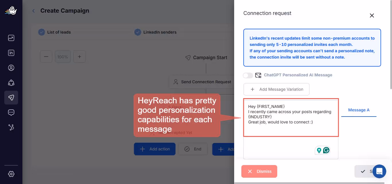 HeyReach's personalization capabilities for connection requests.