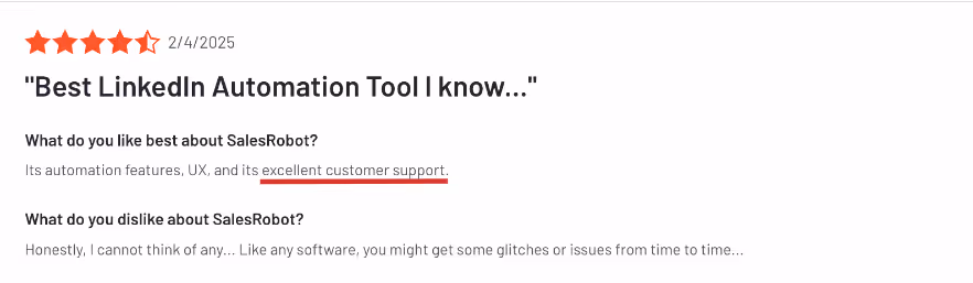 SalesRobot review with five stars, praising its automation features and customer support.