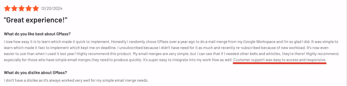 GMass user feedback highlighting ease of use and contact organization.