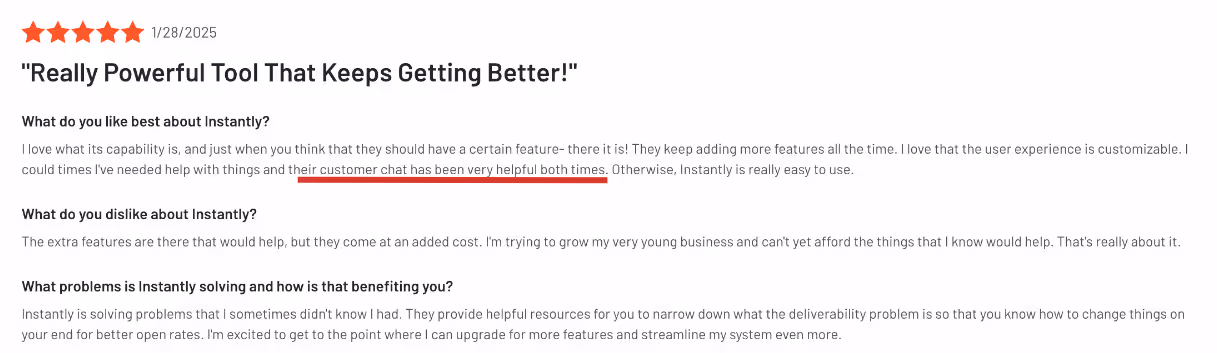 Positive review of Instanty, highlighting its capability, features, and customer support.