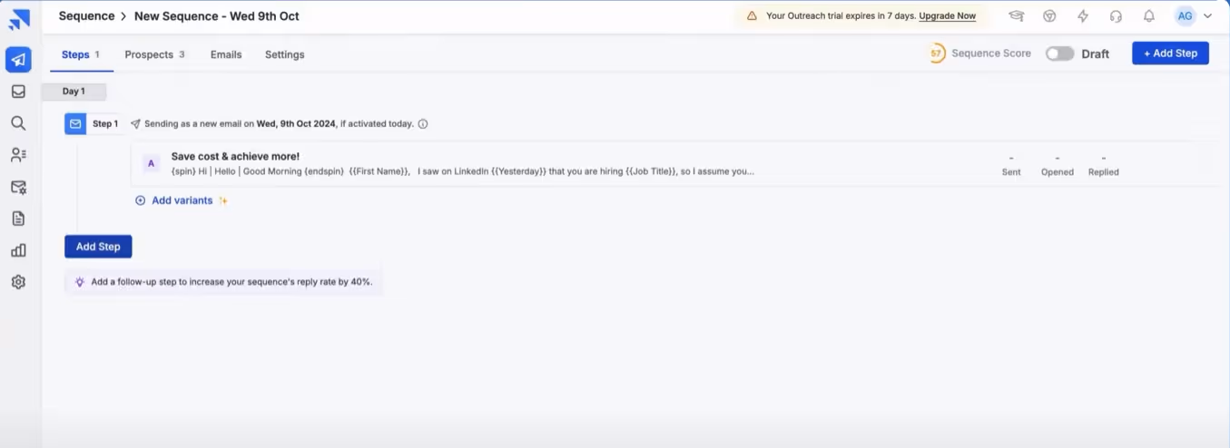 Screenshot of a sales sequence setup in Instantly.