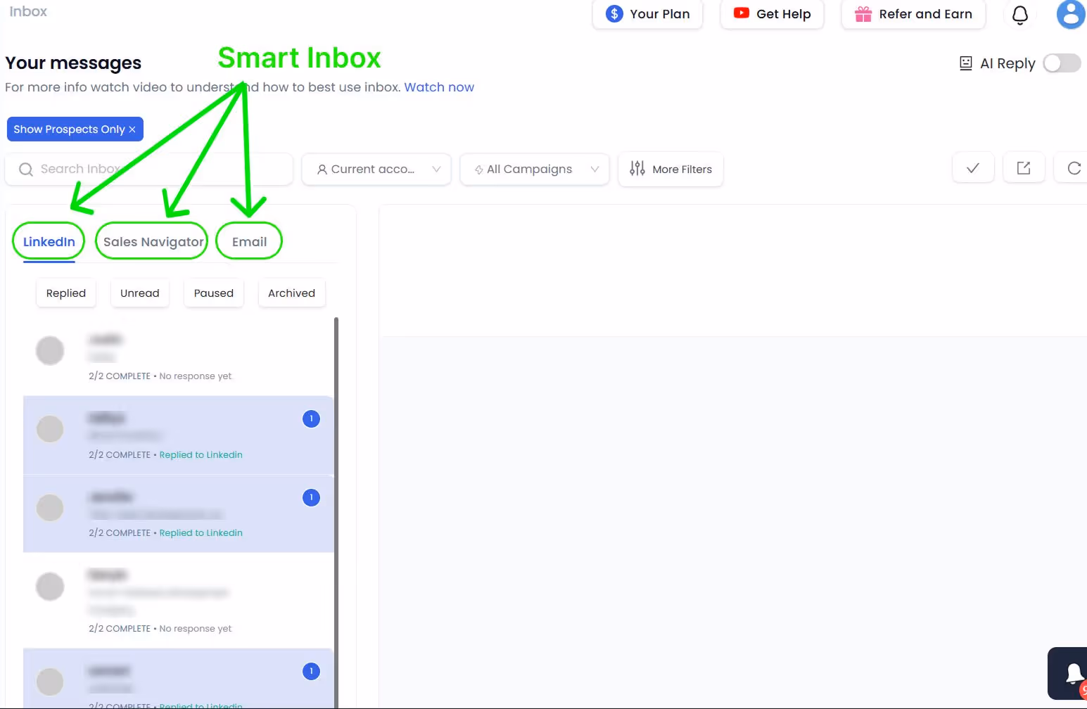 Screenshot of the Smart Inbox feature in Saleshandy.