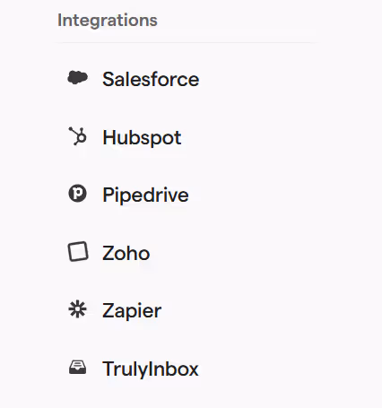 List of SalesRobot integrations including Salesforce, Hubspot, Pipedrive, Zoho, Zapier and TrulyInbox.