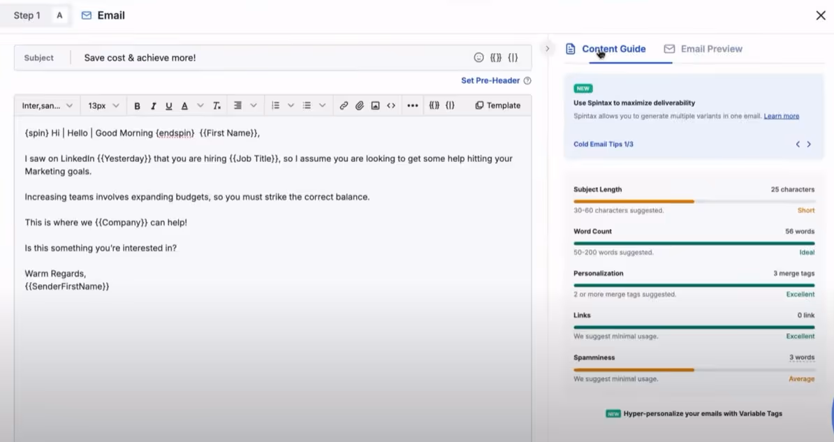 Screenshot of an email composer in Instantly, with content and deliverability tips.