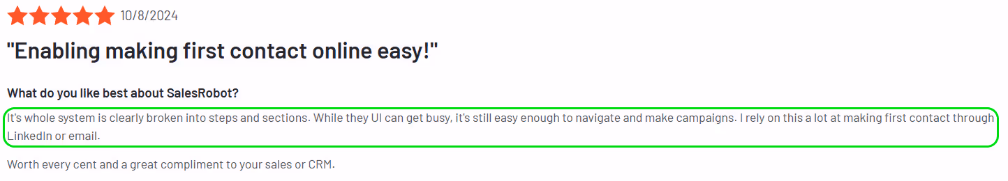 SalesRobot review: Easy to navigate and make campaigns, enabling making first contact online.