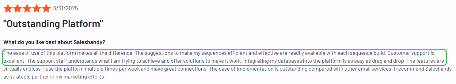 Saleshandy review: Outstanding platform with excellent customer support and easy database integration.