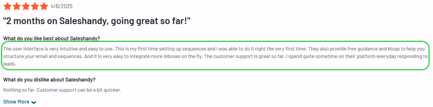 Four-star review of SalesRobot praising its intuitive interface, ease of use, and great customer support.