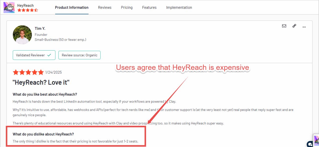 HeyReach review highlighting its expensive pricing.