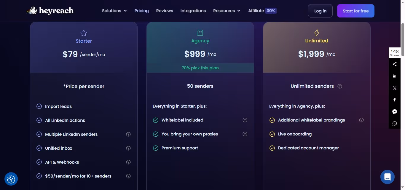 HeyReach pricing plans with different features and number of senders.