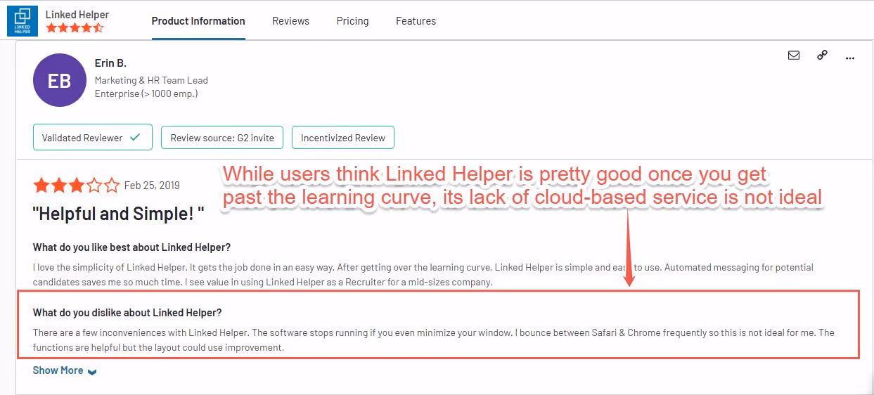 User review of Linked Helper praising its simplicity but pointing out the lack of cloud-based service.