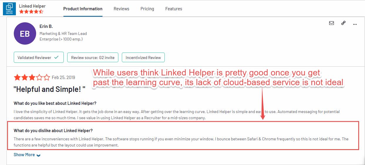 Customer review of Linked Helper, highlighting its simplicity and ease of use while mentioning some drawbacks.