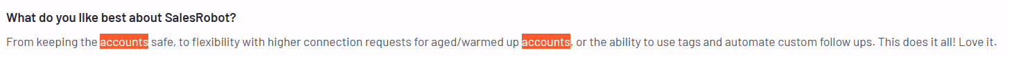 Testimonial emphasizing SalesRobot’s secure and flexible features for connection requests and follow-ups.