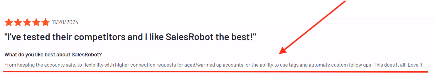 Five star review of SalesRobot: I've tested their competitors and I like SalesRobot the best!