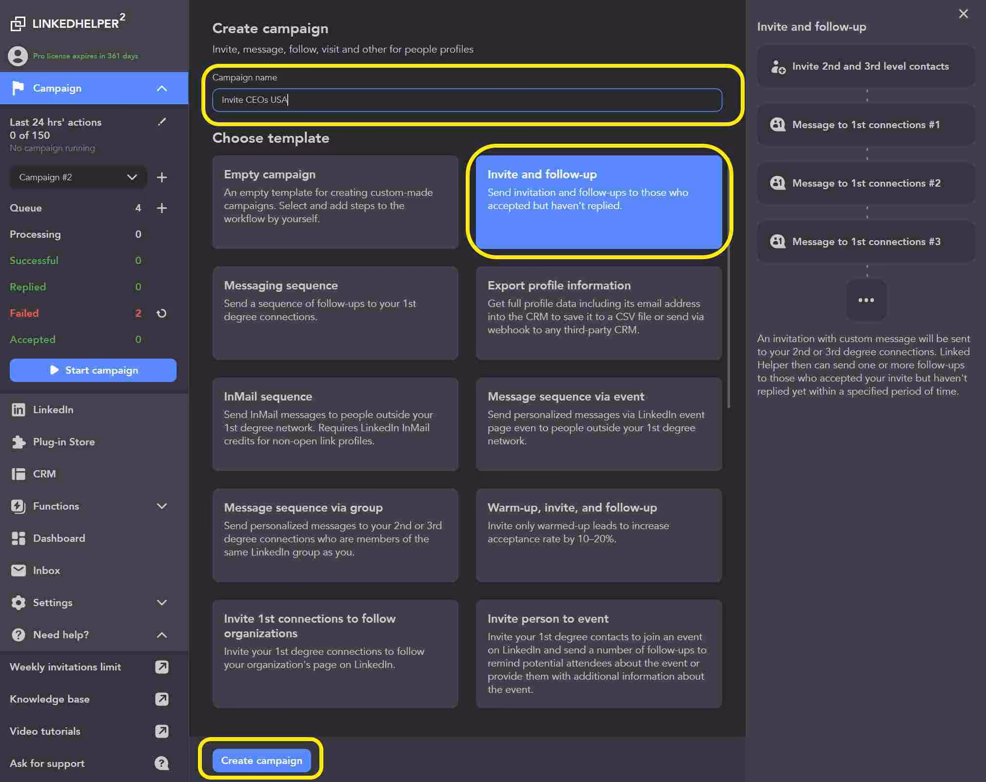 LinkedIn campaign creation interface.