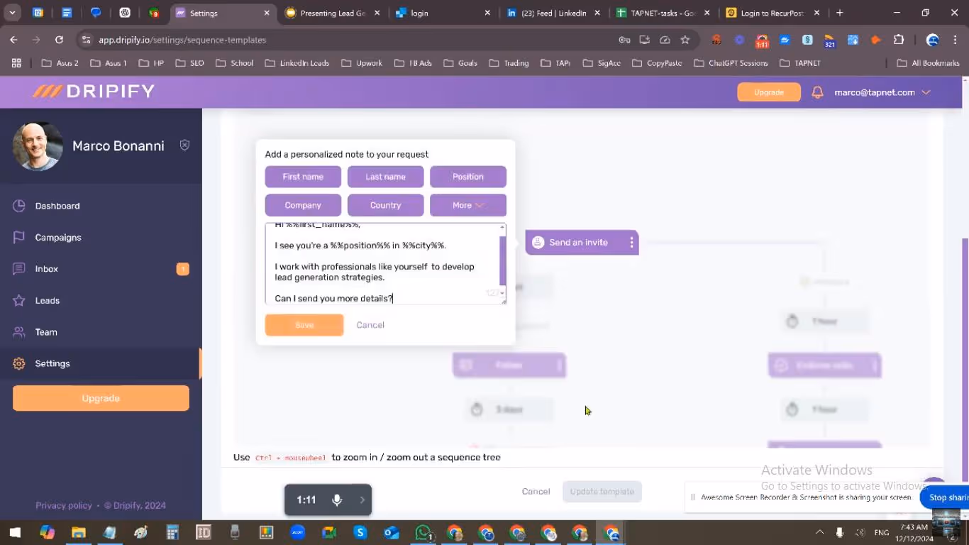 Screenshot of DripiFy software showing a personalized note to add to a connection request.