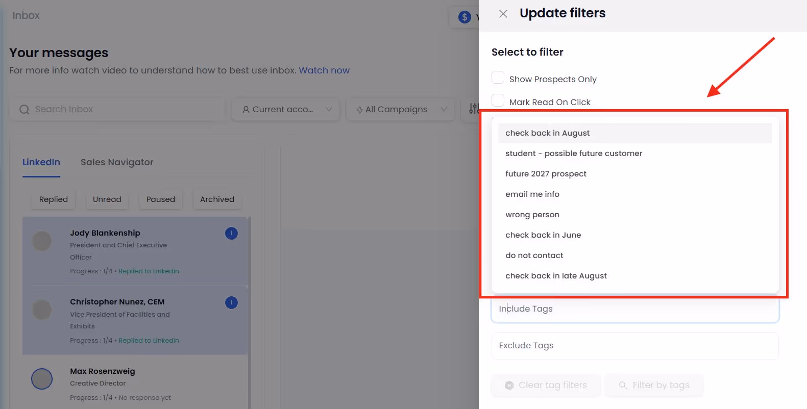 LinkedIn Sales Navigator filters for prospects, showing options to filter by various criteria such as 'Check back in August'