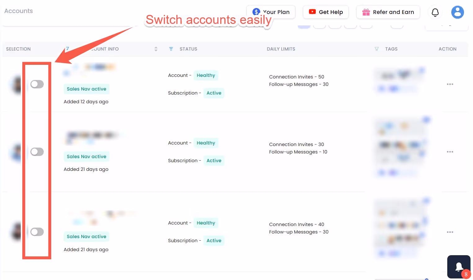 SalesRobot interface for easy account switching.
