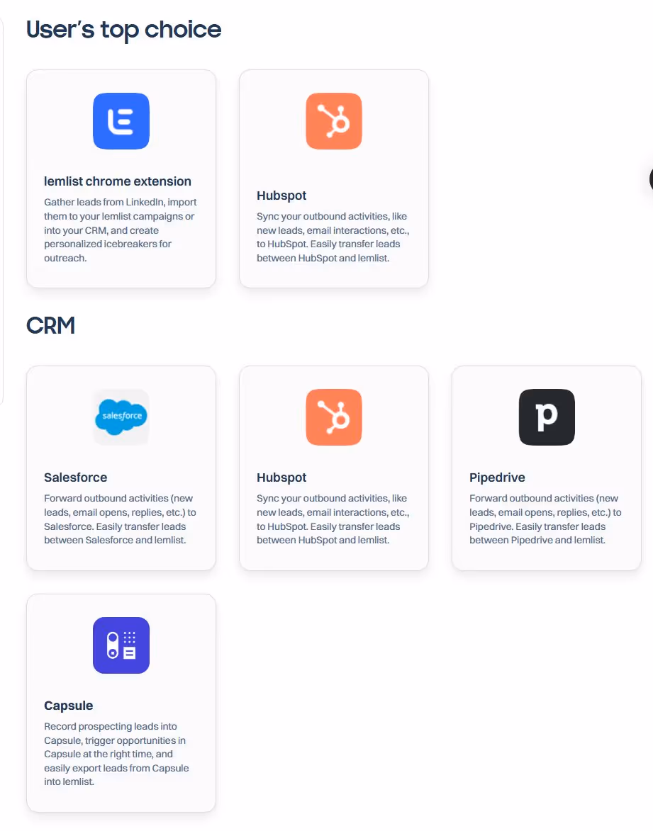 Lemlist integrations with various CRMs.