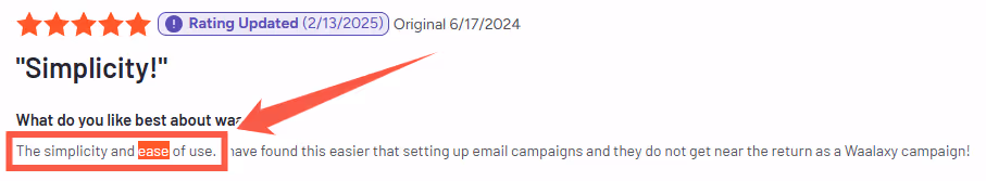 Five-star rating with the comment 'Simplicity!' and a highlighted review text explaining the simplicity and ease of use.