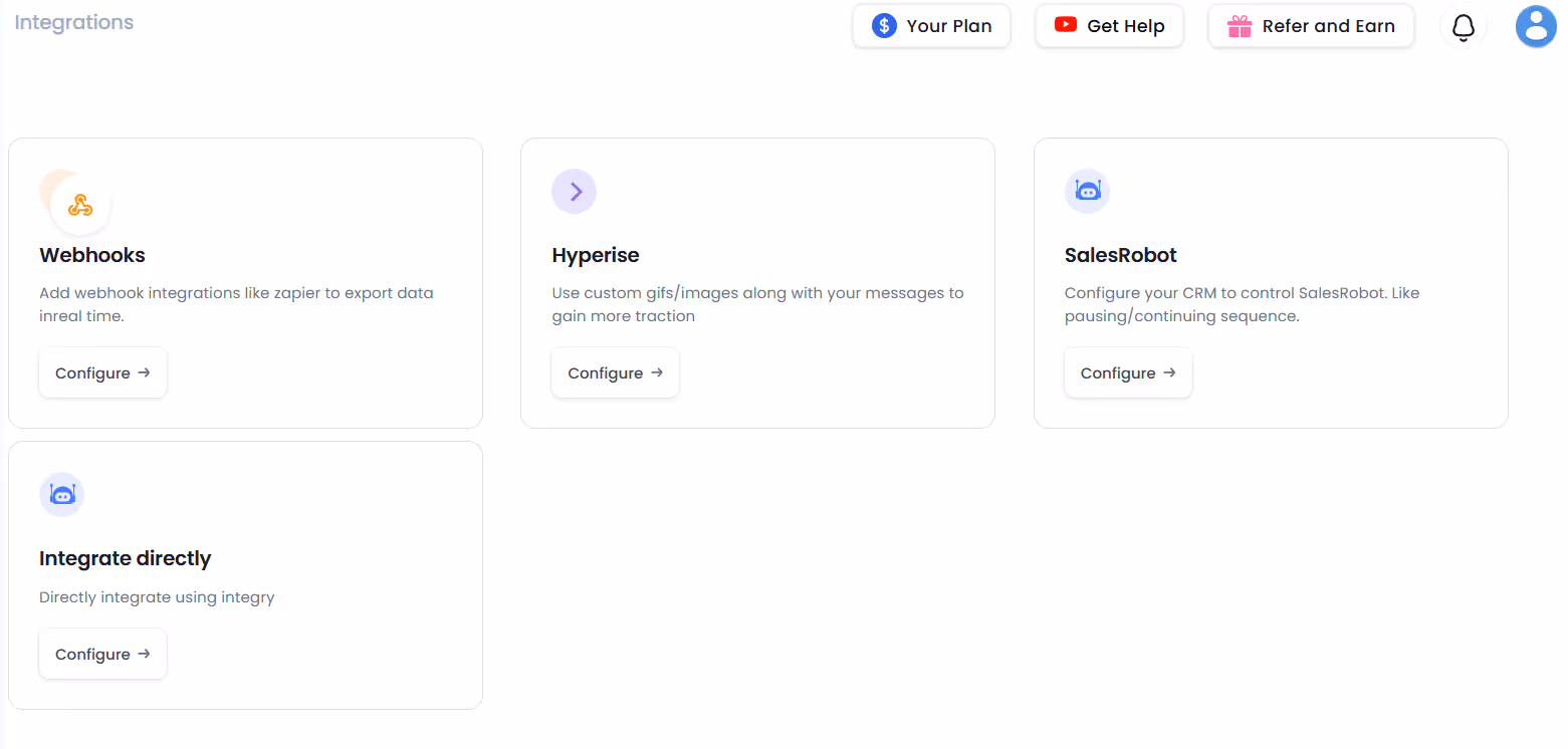 Integrations available for Linked Helper, including webhooks, Hyperise, SalesRobot, and Integromat.
