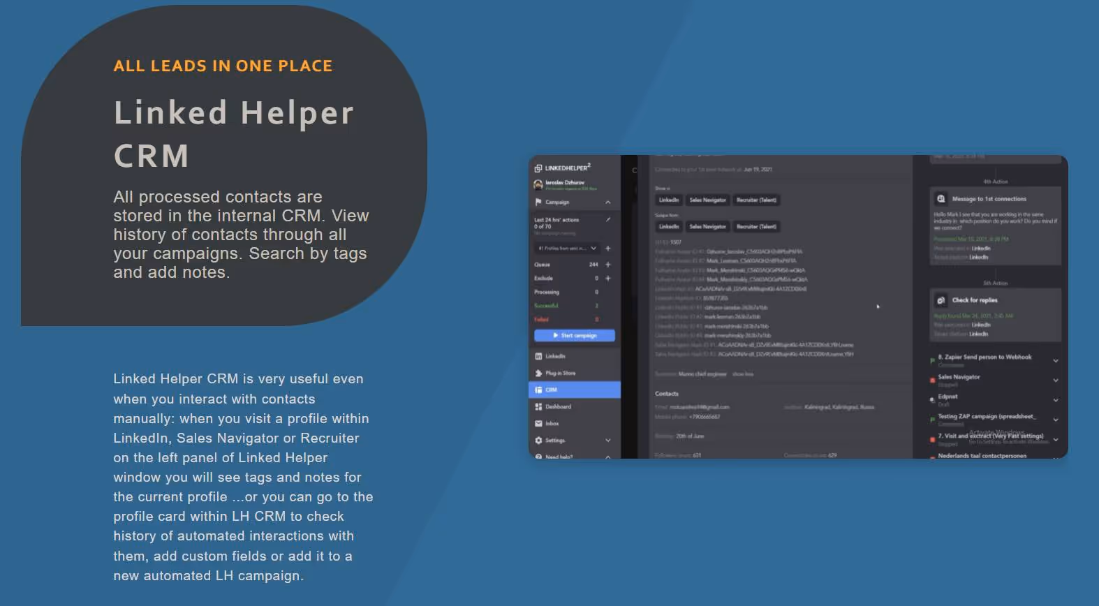 Linked Helper CRM dashboard showing all processed contacts, campaigns history, and search functionality.