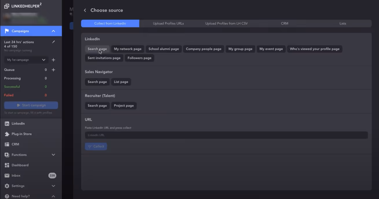 Choosing a data source for a new campaign in Linked Helper.
