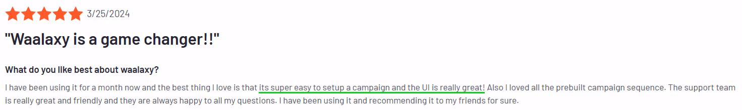 Screenshot of a positive review for Waalaxy, praising its ease of use and helpful support team.