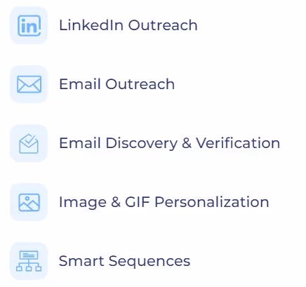 Five icons represent Skylead's features: LinkedIn Outreach, Email Outreach, Email Discovery & Verification, Image & GIF Personalization, and Smart Sequences.