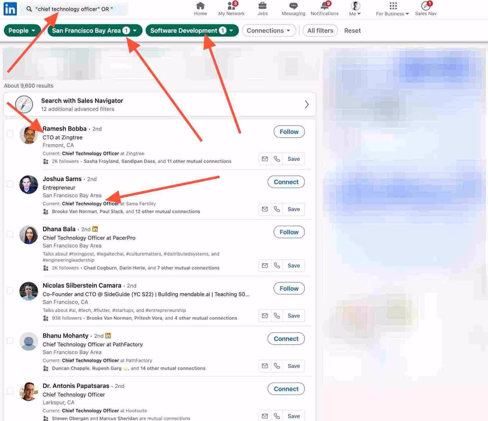 Screenshot of LinkedIn search results for Chief Technology Officer in the San Francisco Bay Area.
