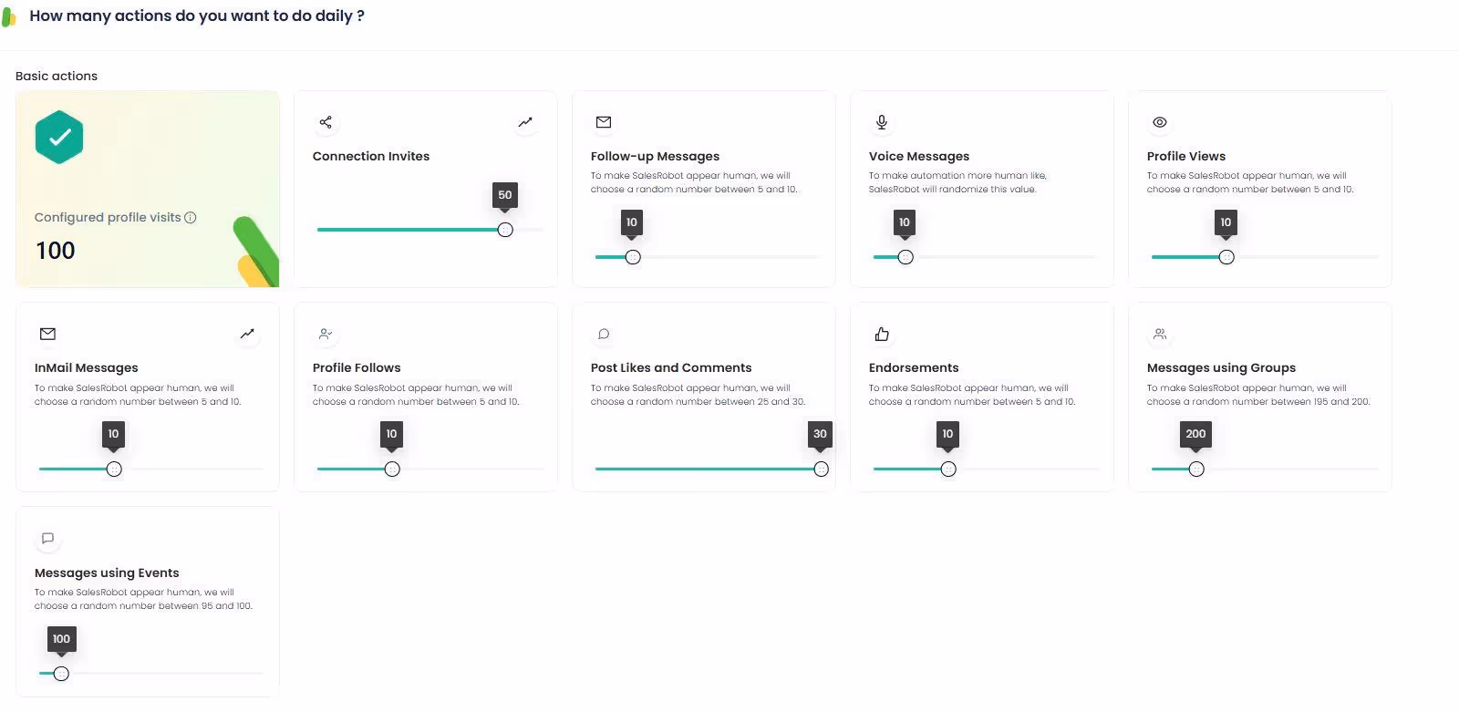 SalesRobot actions dashboard.