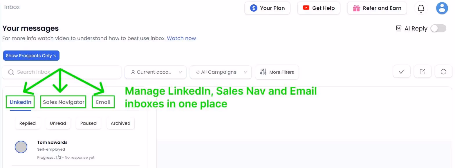 QuickMail inbox with LinkedIn, Sales Nav, and Email management.