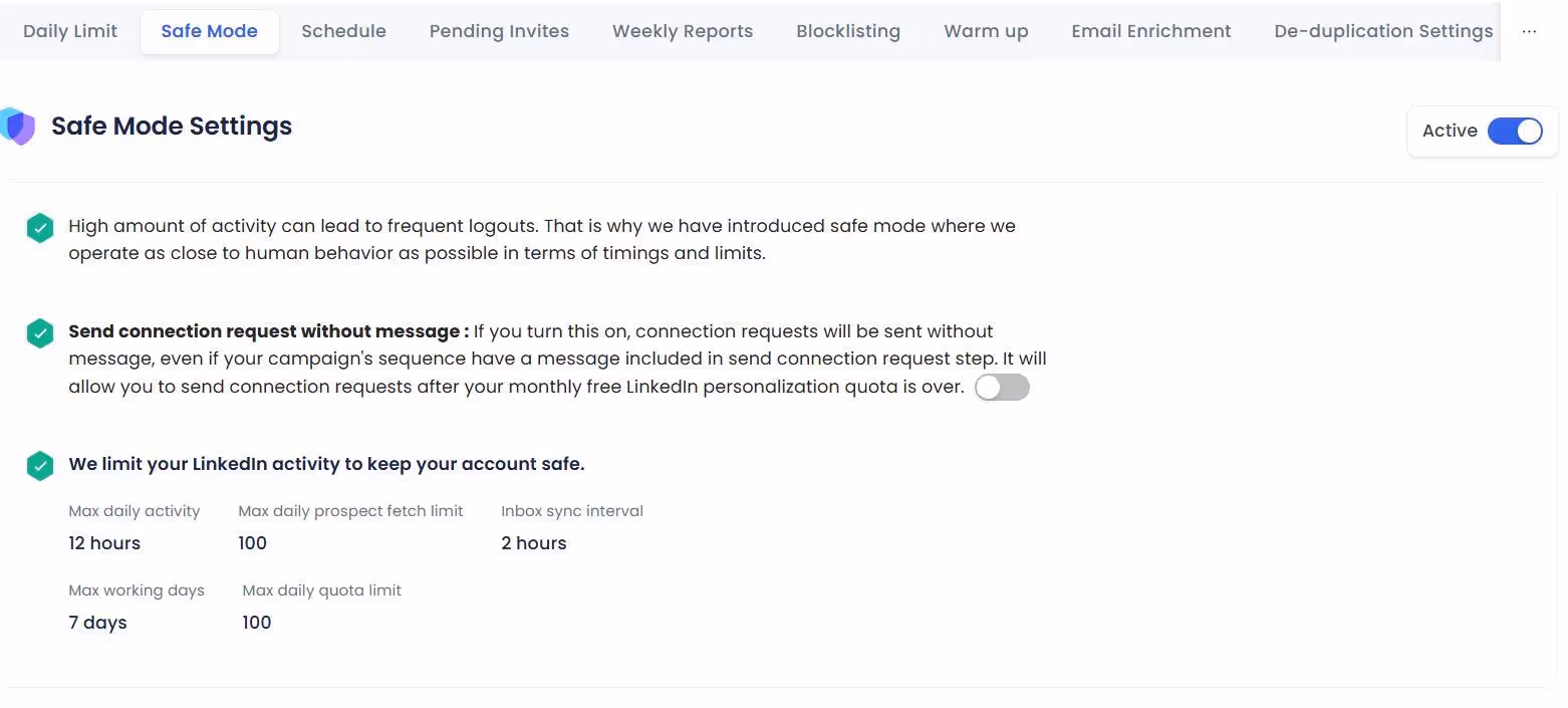 SalesRobot Safe Mode Settings.