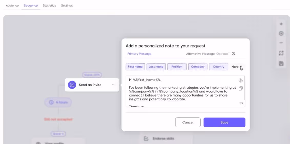A personalized invitation note with options for variables and a message.