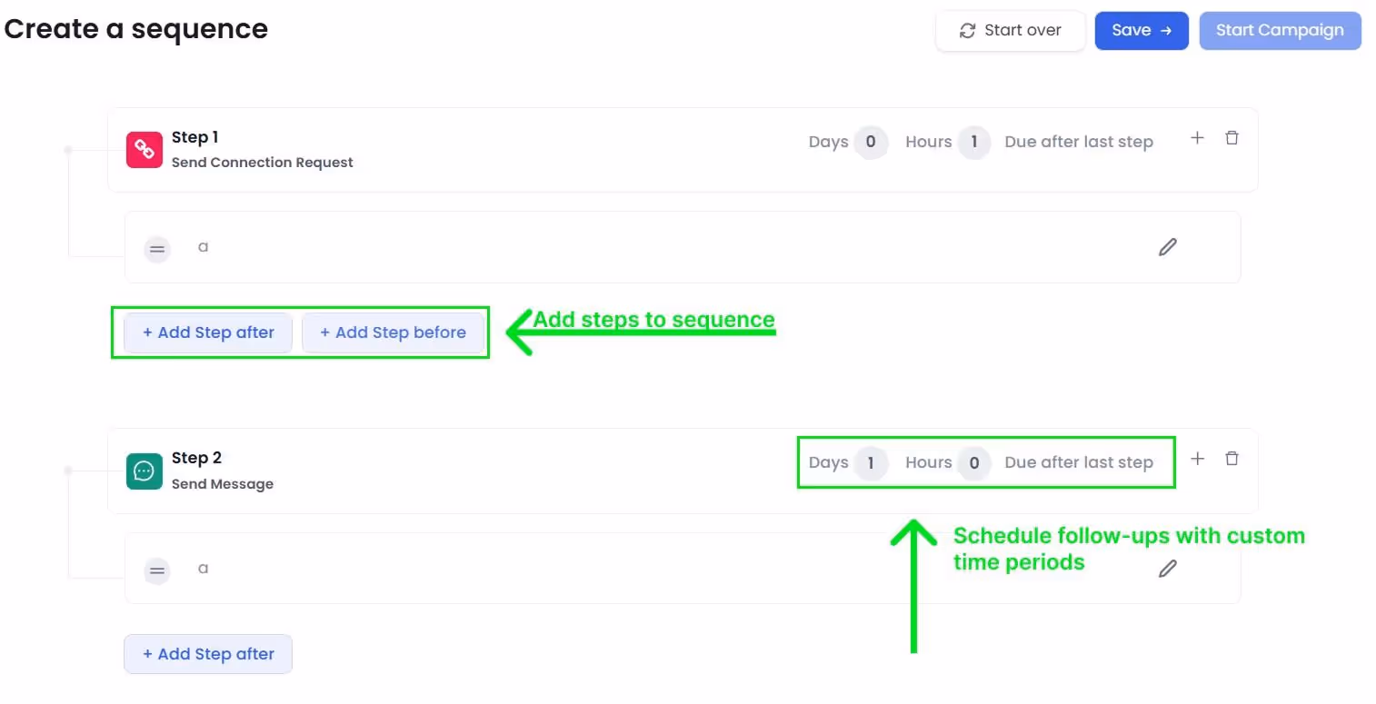 A sequence setup showing adding steps and scheduling follow-ups.