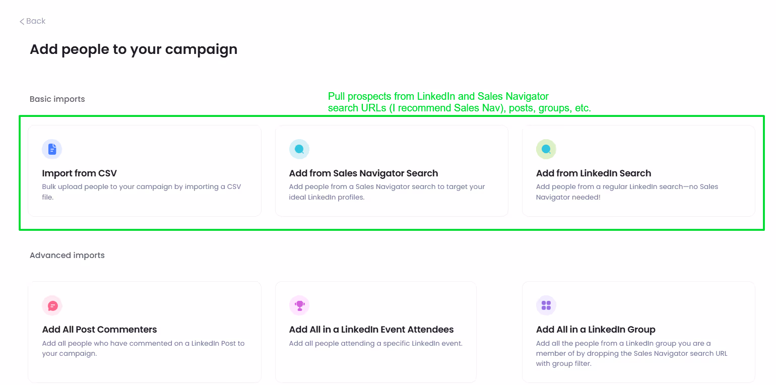 A page to add people to your campaign with options for importing and adding from LinkedIn.