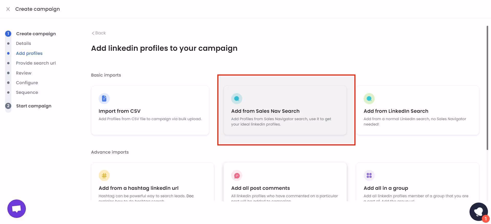 A screenshot of the SalesRobot interface showing options to 'Add LinkedIn profiles to your campaign', with 'Add from Sales Nav Search' highlighted by a red box.