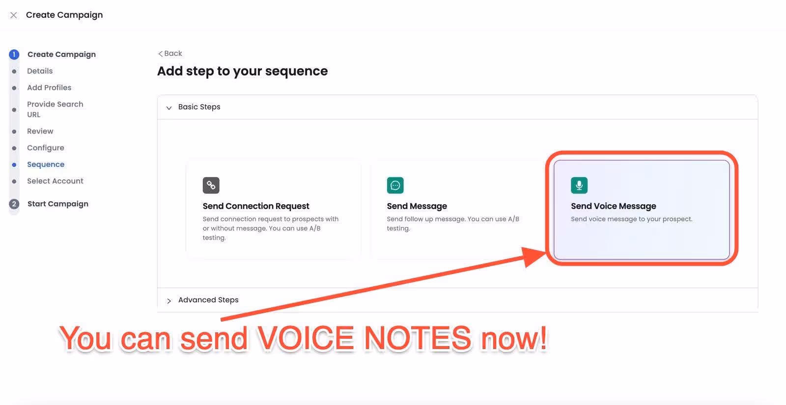 A screenshot of the SalesRobot 'Add step to your sequence' page, highlighting the 'Send Voice Message' option with a red arrow pointing to it and text at the bottom saying 'You can send VOICE NOTES now!'.